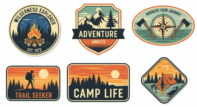 Outdoor Adventure Patches: Camping, Hiking, Exploring - Vintage Style Vector Graphics