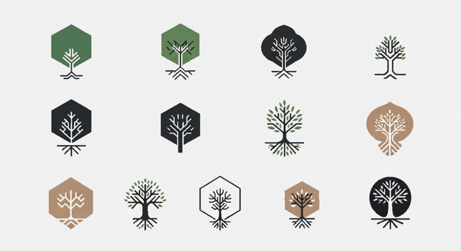 Modern Tree Icons Set - Nature, Growth, Eco, Business Logos