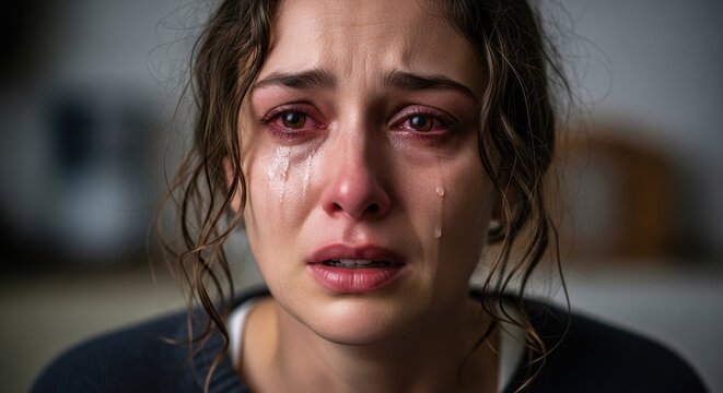 Young woman crying with tears and wet hair.