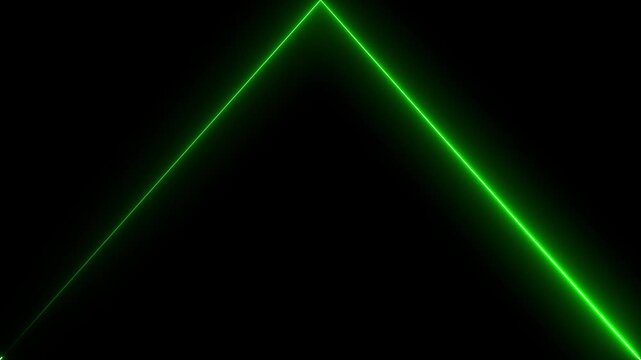 Bright neon green laser light lines forming a triangle shape on a dark black background glowing digital abstract pattern design with sharp geometric edges and modern futuristic light effect style