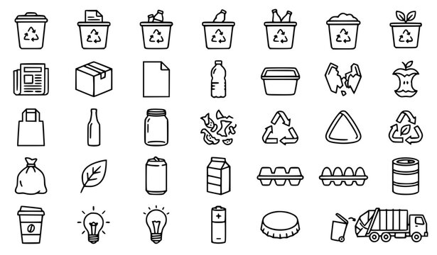 Set of recycling, waste management, and environmental line art icons.