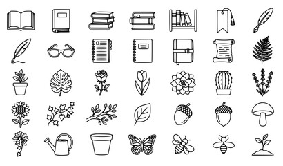 Set of books, nature, and garden line art icons. © MDSUJON