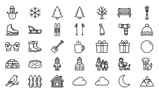 Set of winter, Christmas, and holiday line art icons.