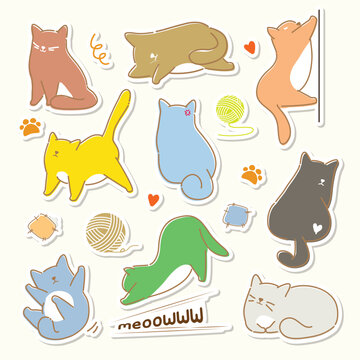 sticker set of cats poses, vector design cartoon minimalism