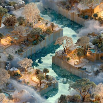 Isometric dreamscape of interlocking terraced landscapes carved from pale stone, a sunlit turquoise river winding through the channels; crystalline vines, subtle circuitry tracings, and soft metallic