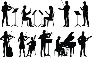 Classical musicians and music performance silhouette collection featuring orchestra artists, conductor and instruments, black vector illustration isolated background © MstMoheja