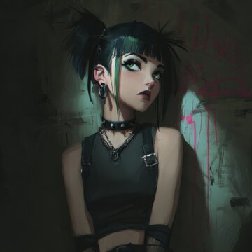 Cyberpunk goth fashion portrait of a moody female figure with teal-black hair in a short, choppy fringe and twin ponytails, sharp green eyes, bold makeup, wearing a black cropped top with harness str