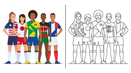 Obraz premium Diverse sports team with national flags, colorful and outline versions