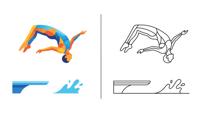 Diver jumping from springboard, colorful abstract art and outline illustration