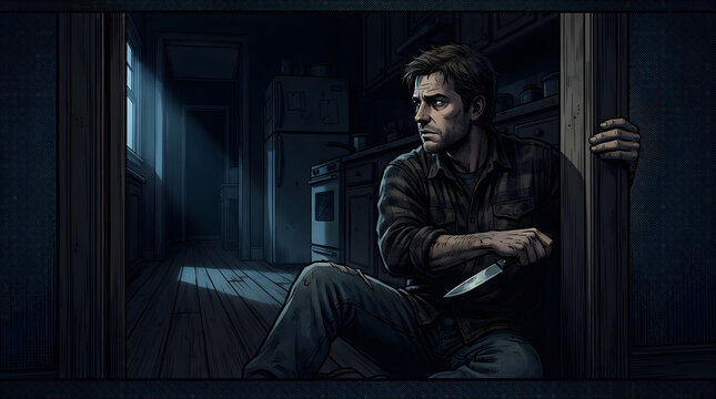 Cinematic digital illustration of a wary man hiding in shadows with a knife, creating a high-tension suspenseful thriller atmosphere