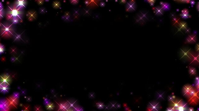 Vibrant multicolored starry border overlay with twinkling light particles and festive cosmic glow for cinematic motion graphics and decorative digital background elements