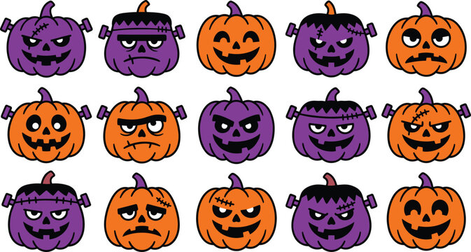 Cute Halloween pumpkin patch collection with funny jack o lantern characters and purple frankenstein monsters vector illustration