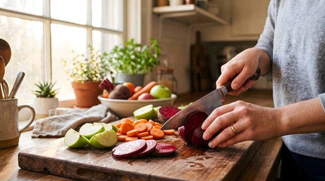 Person slicing fresh red beets on a wooden cutting board with a sharp metal kitchen knife