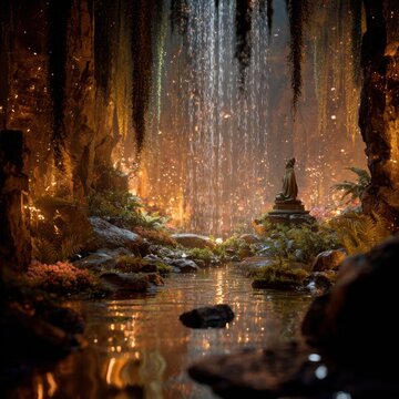 Dreamlike diorama in a lush landscape featuring a weathered stone statue seated beside a glimmering waterfall that cascades behind mossy rocks, ferns, and glistening droplets. Cinematic amber and eme
