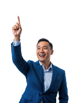 young asian male businessman in an indigo suit jacket pointing his finger up with a confident, beaming smile, isolated on a transparent studio background, concept of innovative business success.