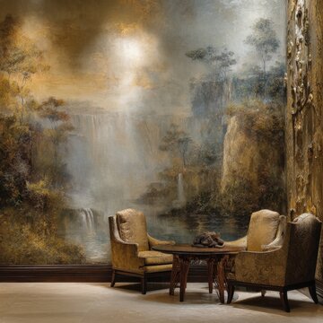 Dreamlike Yoruba-inspired lounge where opulent walls transition into a surreal dreamscape: carved wood, gold filigree, and aso oke motifs mingle with misty light; warm earth tones accented with metal