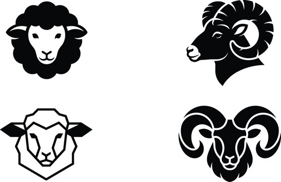Sheep and ram head logo icon set featuring fluffy ewe silhouette curly horn argali and geometric line art designs vector