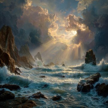 Dreamlike seascape where dramatic ocean waves surge against jagged cliffs and surreal rock formations; a dramatic sky breaks with sunbeams and crepuscular rays piercing storm-lit clouds, mist and spr