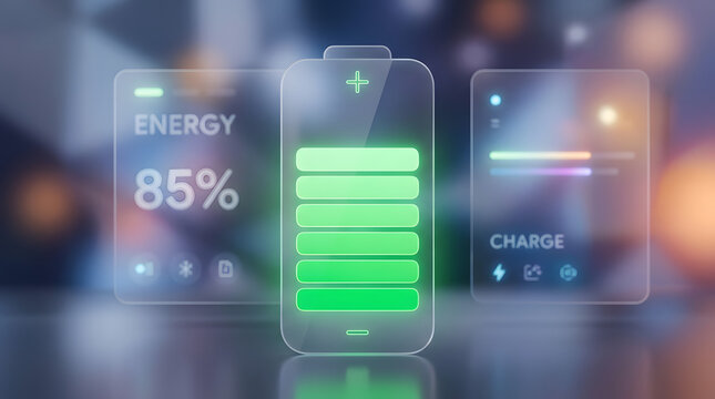 Glowing digital battery icon showing eighty five percent energy charge level