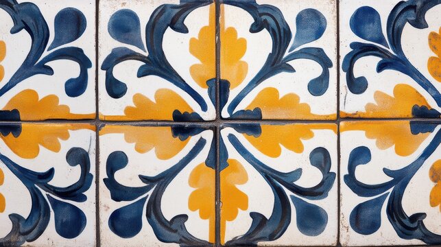 Ceramic tiles feature a repeating floral pattern in deep blue and warm yellow, creating a traditional architectural surface commonly found in Mediterranean interior design or historic building.
