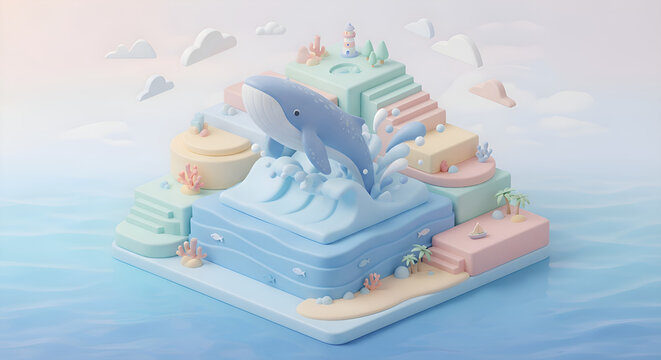 3D Isometric Stylized Tropical Island with Jumping Whale and Lighthouse
