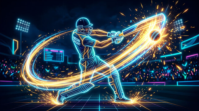 A cricket player hits a ball with a bat in a stadium with neon lights