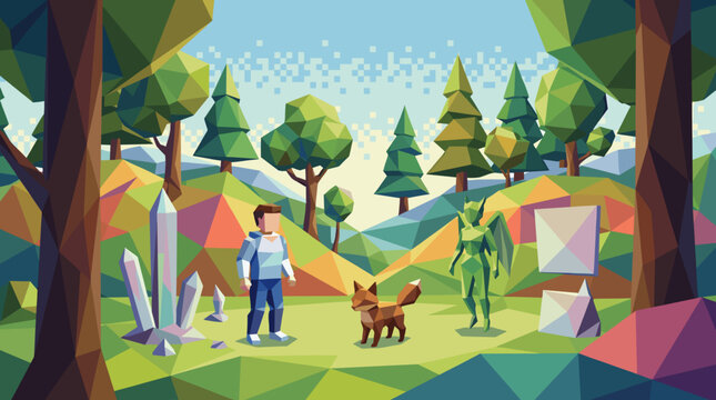 Low poly forest landscape with stylized people and animals.