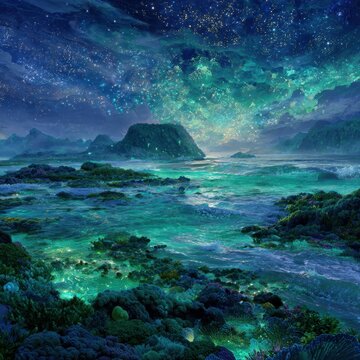 Dreamwoven celestial coastline: sapphire ocean crashes on emerald shores with jade continents pulsing with bioluminescent currents; ethereal light threads weave through water and forests, emerald fog
