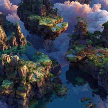 Floating islands hover above a surreal, dreamlike landscape of jagged cliffs, crystal rivers, and velvet moss, with hyper-detailed rock textures, vibrant foliage, and luminous technicolor lighting th