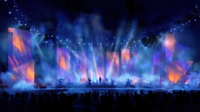 A futuristic concert hall scene with silhouettes on a vast stage, colossal LED screens painting fractal arpeggios in electric blue and warm orange, thick atmospheric mist weaving through performers a