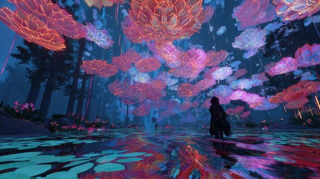 Dawn-lit dreamscape where neon koi-like petals levitate over a reflective water surface in a forest theater; two silhouetted figures stand on the liquid floor as a dancer in glass armor conducts a cy