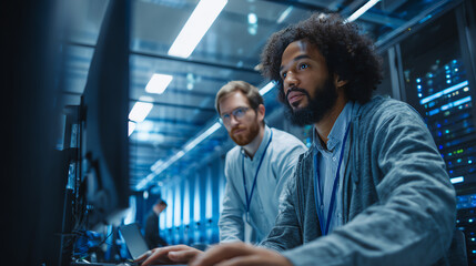 Fototapeta premium Two men collaborate in a data center, analyzing computer systems and servers for optimal performance.
