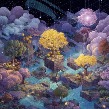 Isometric dreamscape of a mystical landscape where wind threads weave a luminous tapestry, kizuna bonds linking floating rocks, trees, and rivers into a glowing lattice; twilight violet and gold hues