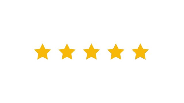 5 Golden Stars Rating Vector Icon Animation Representing Excellent Customer Feedback, Five Star Service Review, Best Product Ranking, and High Satisfaction Score Isolated on Clean White Background