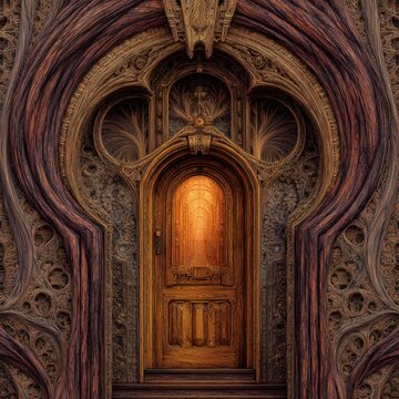 Macro dreamlike doorway: an ornate Edwardian wooden door set within a richly carved mahogany arch, intricate grain and delicate threads weaving through the wood, encircled by a surreal artificial dre