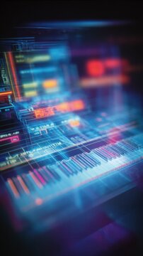 Neon cyberpunk piano keyboard set against a retro computer-grid landscape that dissolves into neon auroras, data streams flowing into the keys, Neon Memory projected on a translucent screen, with the