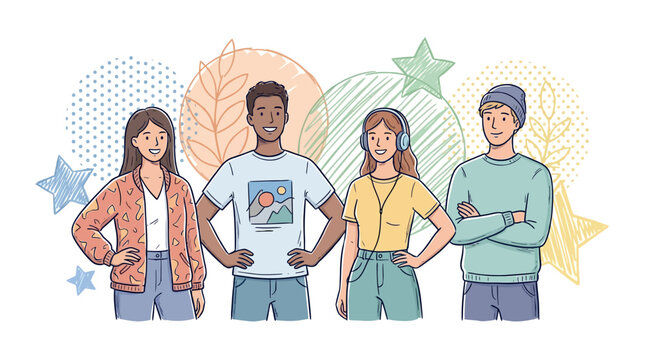 Diverse group of happy young people standing together celebrating international youth day vector illustration