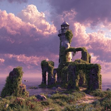 Surreal coastal landscape featuring a weathered lighthouse rising from ivy-covered ruins, a ruined stone archway opening to a tranquil sea, pastel pink and lavender sky with billowing clouds, lush wi