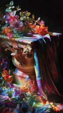 Surreal velvet study with dreamlight washing over velvet folds, radiant petals and flowers woven into rainbow textiles, a classical ornate pedestal casting subtle shadows on relief, an ethereal fusio