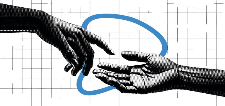 Abstract Creation of Adam Concept Vector Art Featuring Two Halftone Hands Reaching Out Over Digital Grid and Blue Abstract Geometric Shape