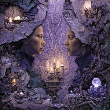 Two intertwined portraits of serene, androgynous faces in profile, mirrored and facing each other within a dreamlike cavern of violet stone. The scene is alive with moss, roots, and crystalline forma