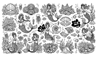 Mermaid sea life element collection with pearl shell coral fish seahorse jellyfish nautilus and starfish in individual line art illustrations © Abdullahall