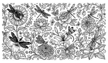 Dragonfly flower species collection with sunflower lotus peony dahlia hibiscus chrysanthemum lily and magnolia in botanical line art illustration © Abdullahall