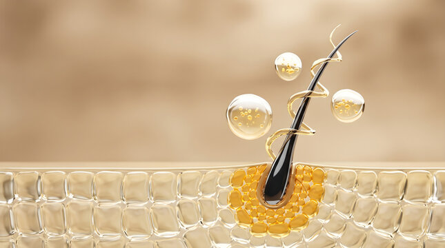 Serum drops release active ingredients to repair the hair root and promote healthy growth. 3D rendering.