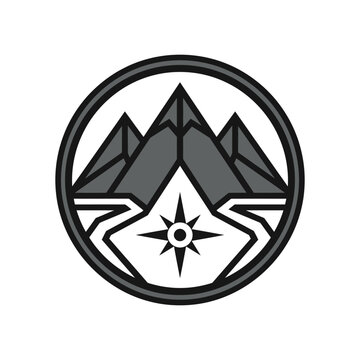 Circular mountain compass badge with winding river.