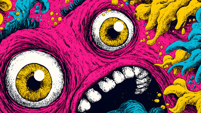 Surreal psychedelic illustration of a pink monster face with large bulging yellow eyes and an open screaming mouth