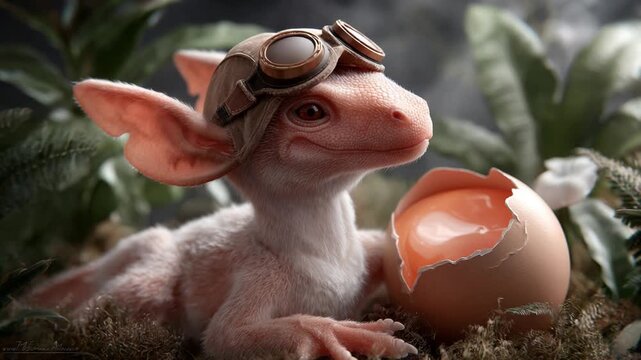 Adorable baby creature with large ears and goggles next to broken eggshell in natural setting