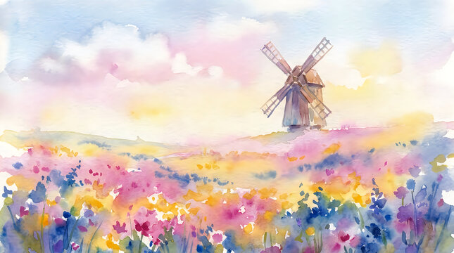Old windmill in a colorful flower field at sunset illustration