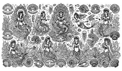 Mermaid underwater kingdom scene with pearl oyster jellyfish seahorse coral and seashells surrounding nine crowned mermaids line art illustration © Abdullahall