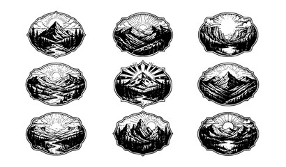 Mountain badge emblem collection with sunrise river valley and pine forest in scalloped oval and hexagon frames black and white illustration © Abdullahall